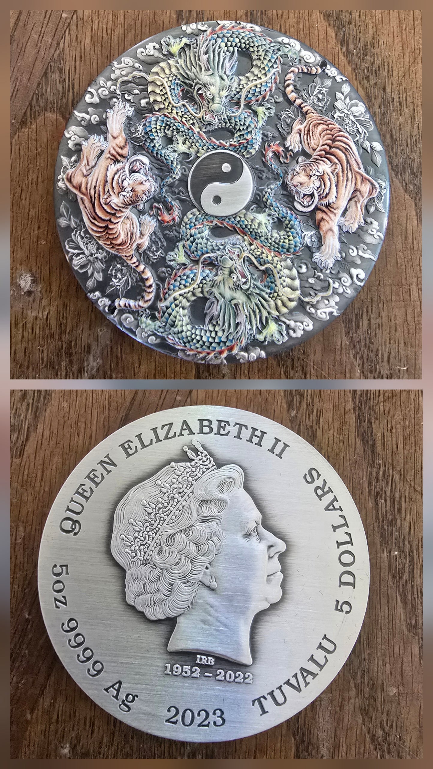 Tuvalu 2023 Double Dragon Double Tiger $5 5 Oz Silver Antique Color Serial #146