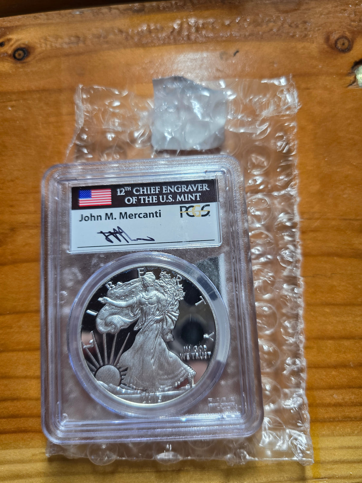 2015 W PROOF SILVER EAGLE PCGS PR70 DCAM JOHN MERCANTI HAND SIGNED FLAG LABEL