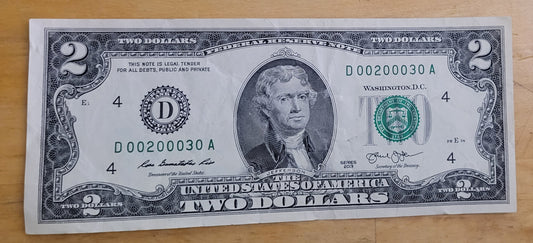 Vintage 2013 Rare $2 Cleveland Two Dollar Bill Low Serial Number Unc D00200030A