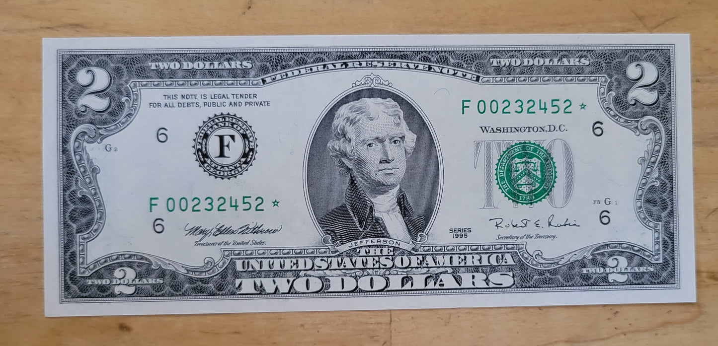 1995 $2 * Star FRN Two Dollar Federal Reserve Note F ATLANTA UNC CRISP