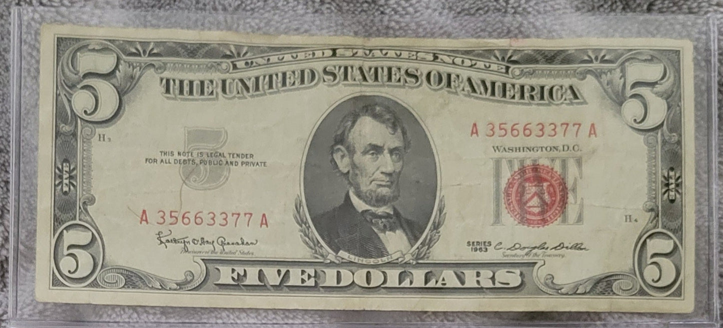 Vintage Silver Certificate $5 Note 1953 or 1963 Five Dollar Bill VF Red Seal Crisp