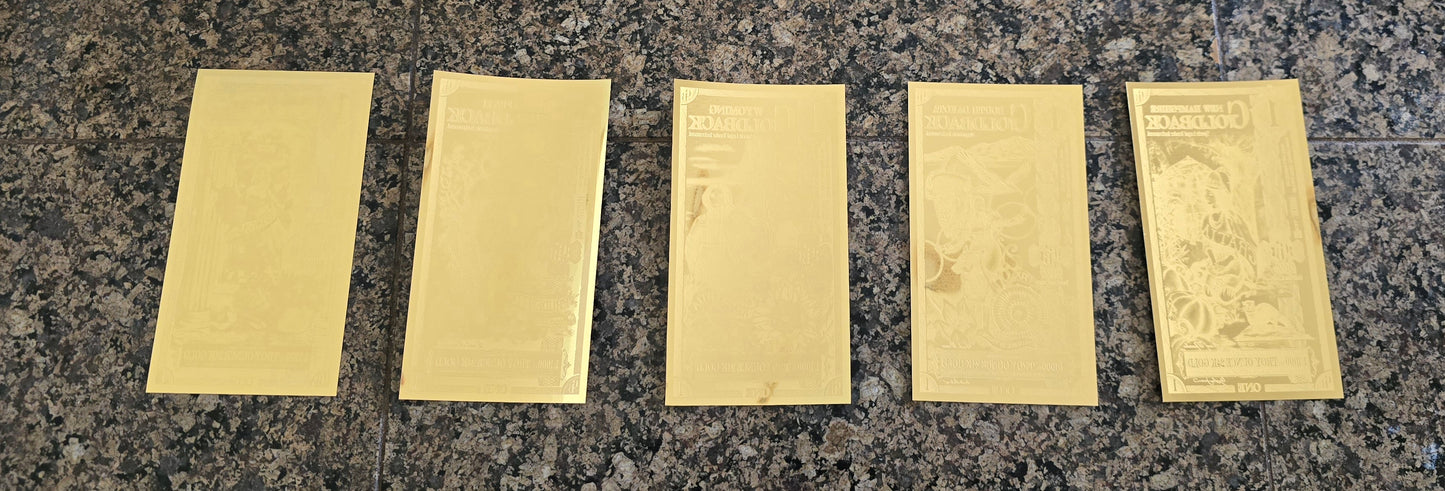 Lot of five (5) Goldback foil notes with 1/1000 oz of .999 Gold per note