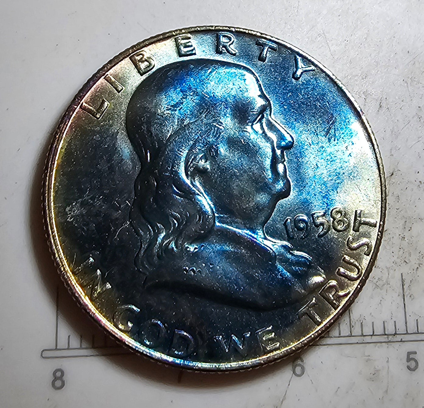 1958 D Franklin Half Dollar 90% Silver - 🌈 BLUE TONED! Nice Bell Lines