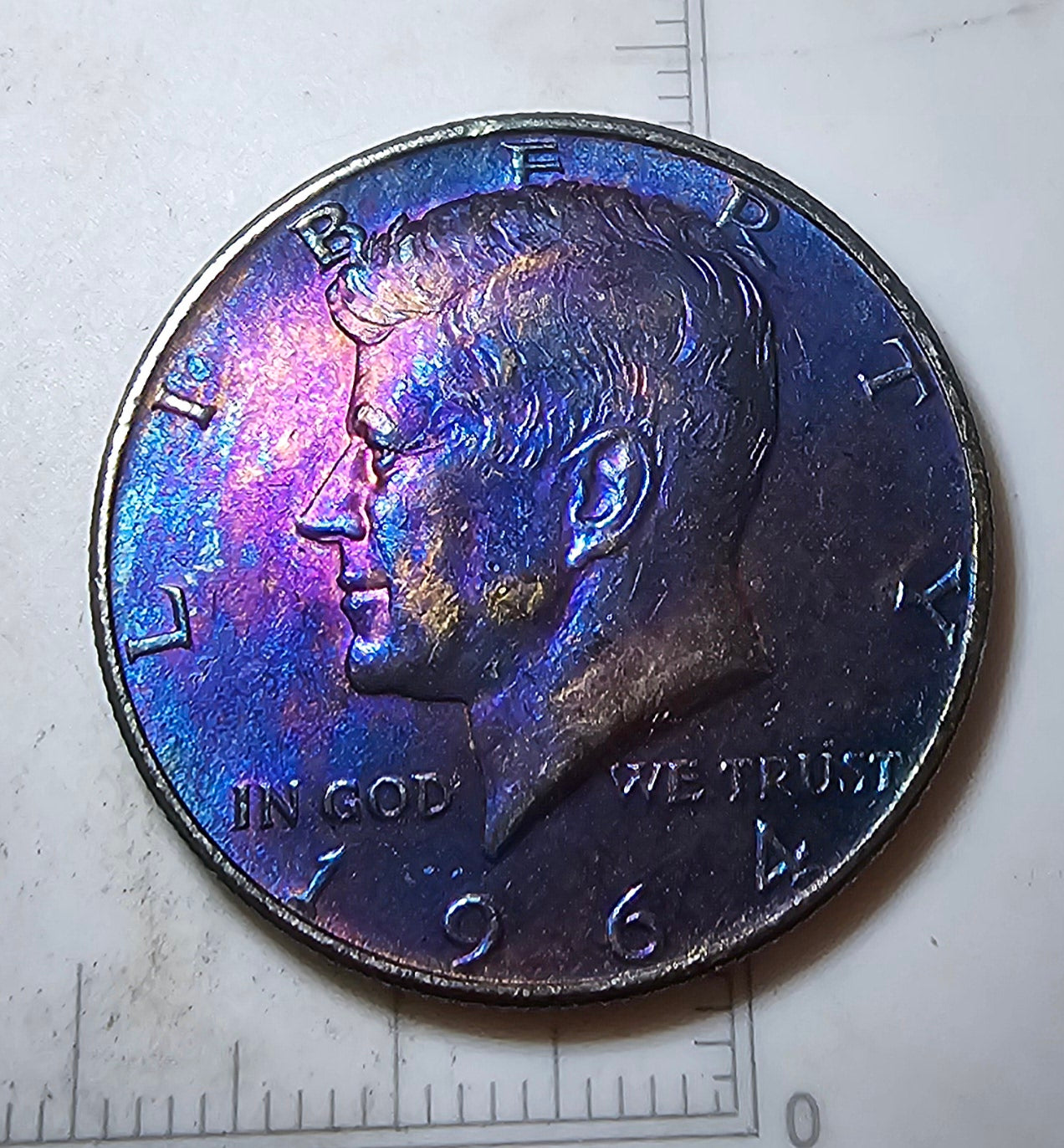 1964 50c Kennedy 90% Silver Half Dollar - Rainbow 🌈 Toning - BU Purple Blue 1