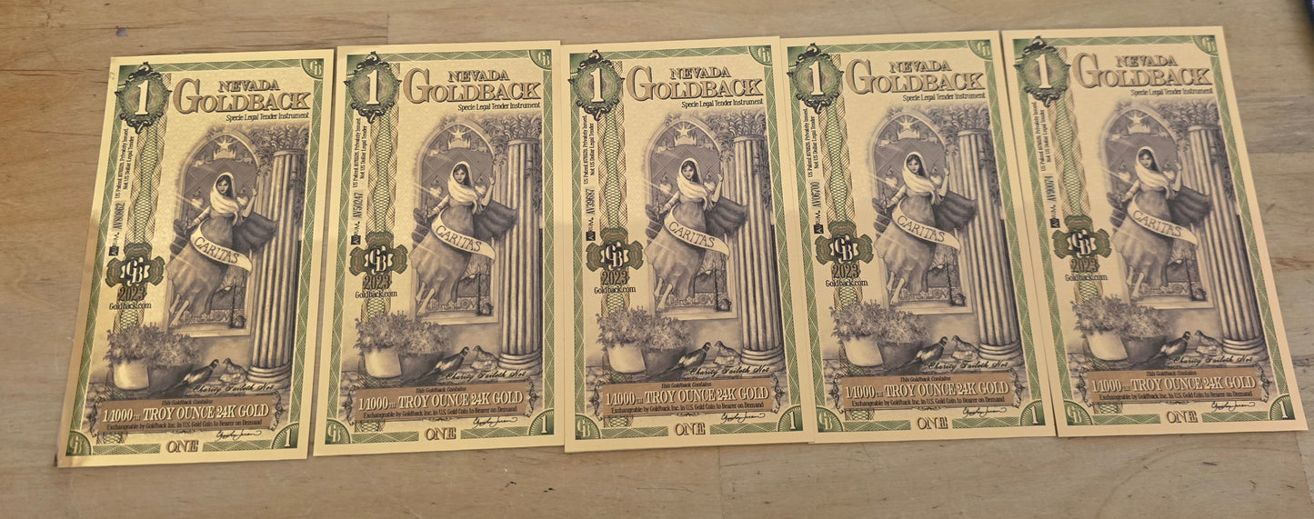 Lot of five (5) Goldback foil notes with 1/1000 oz of .999 Gold per note