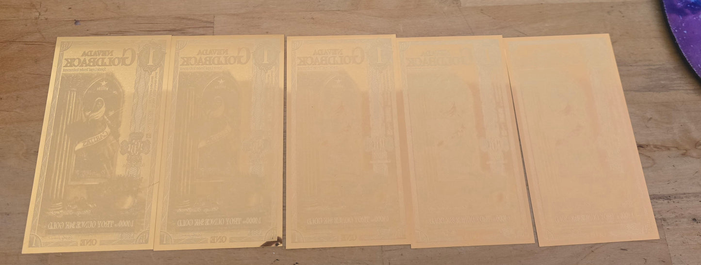 Lot of five (5) Goldback foil notes with 1/1000 oz of .999 Gold per note