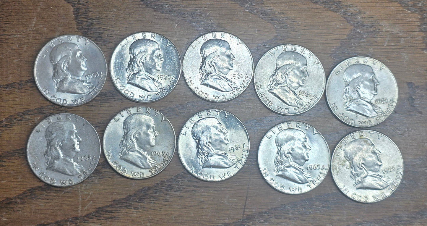 10 Franklin Silver Half Dollars 1960s Mixed Dates 90% Silver Some AU/BU FBL? $5