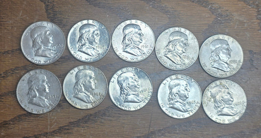 10 Franklin Silver Half Dollars 1960s Mixed Dates 90% Silver Some AU/BU FBL? $5