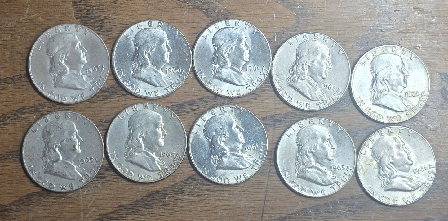 10 Franklin Silver Half Dollars 1960s Mixed Dates 90% Silver Some AU/BU FBL? $5