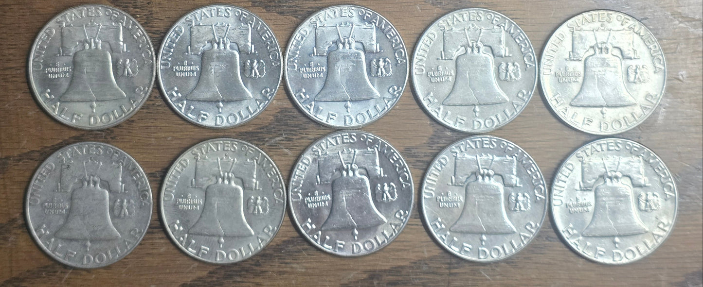 10 Franklin Silver Half Dollars 1960s Mixed Dates 90% Silver Some AU/BU FBL? $5