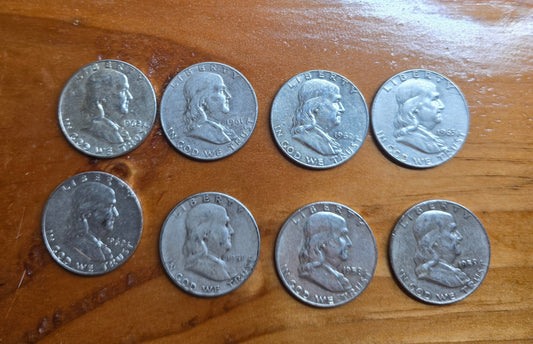 8 Franklin better date halves 1951 S, 1958 D, 1959 D and 1960s