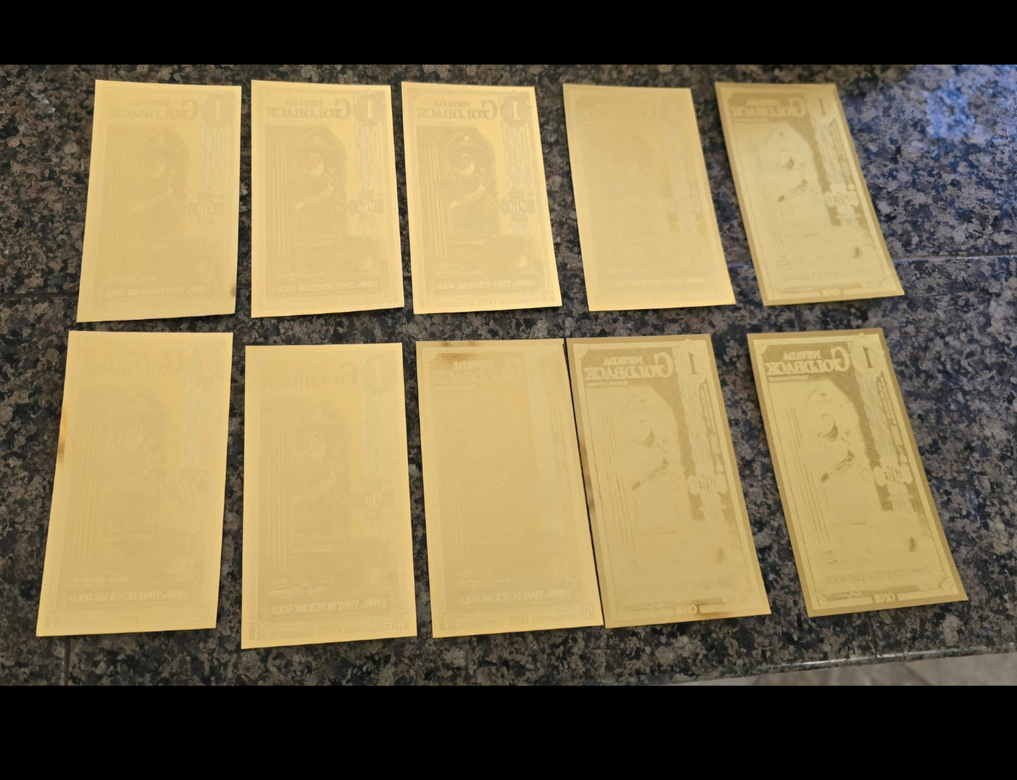 Lot of ten (10) Goldback foil notes with 1/1000 oz of .999 Gold per note