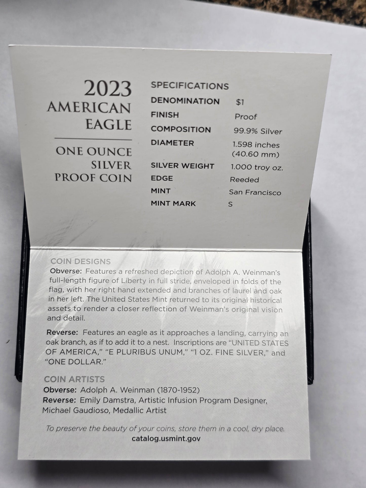 2023-S American Silver Eagle One Ounce Reverse Proof Coin with OGP COA - Toned