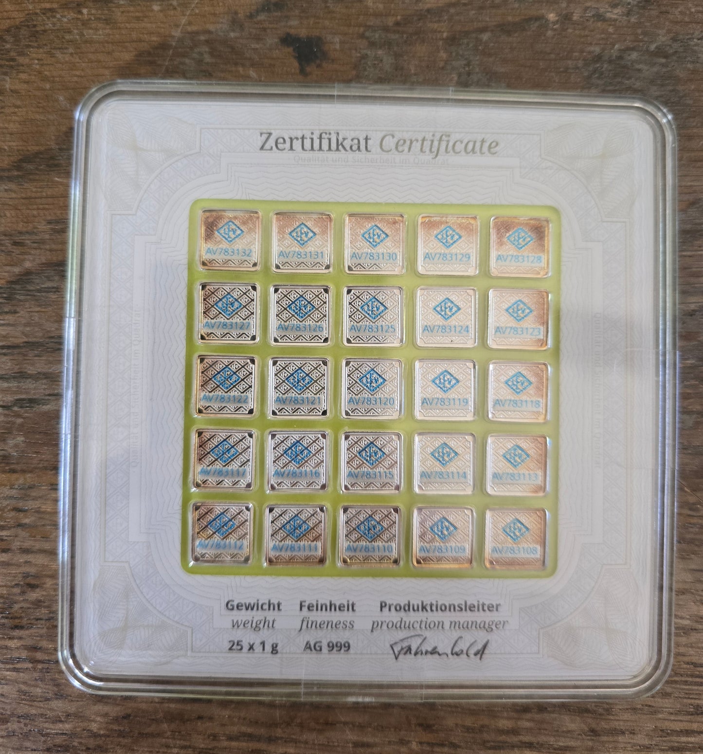 No Longer Made GEIGER Edelmetalle 25 gram (25 X 1g) .999 Silver Square in Assay #59