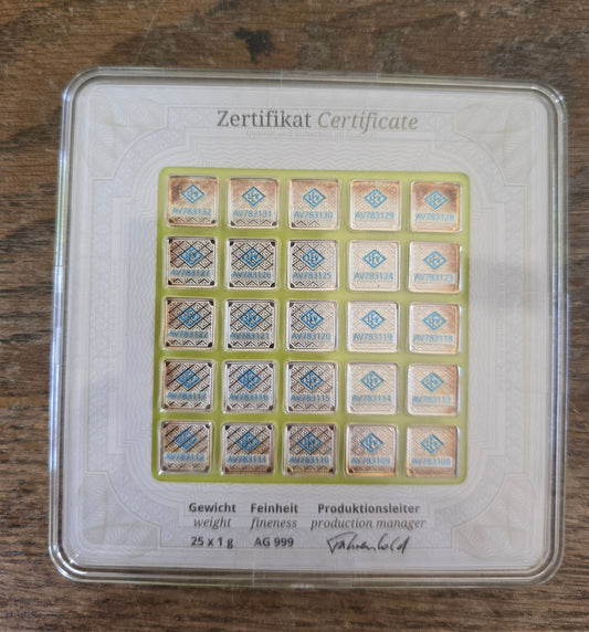 No Longer Made GEIGER Edelmetalle 25 gram (25 X 1g) .999 Silver Square in Assay #59