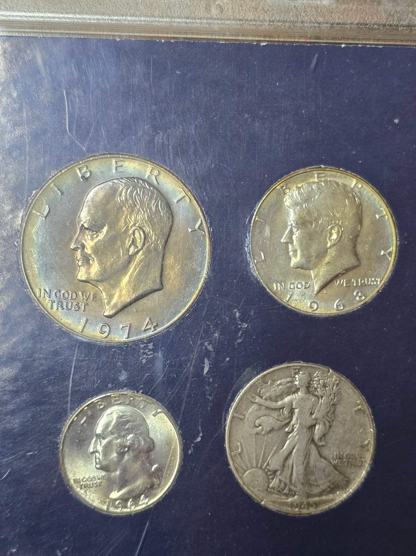 Silver Toned coins 1974 Ike 1968 Kennedy 1964 quarter 1945 Walking Liberty Half