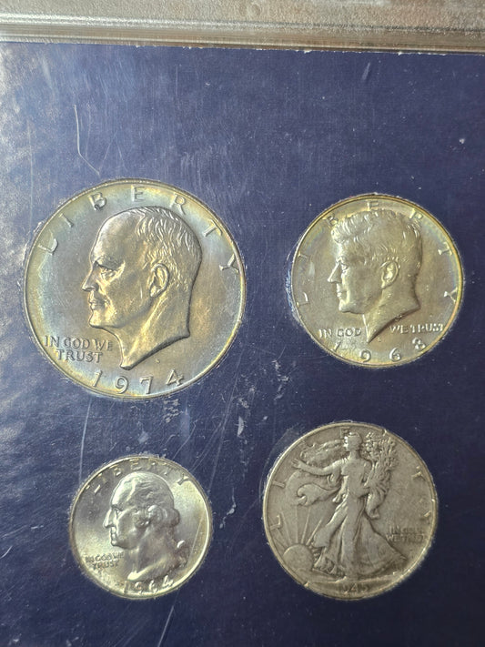 Silver Toned coins 1974 Ike 1968 Kennedy 1964 quarter 1945 Walking Liberty Half