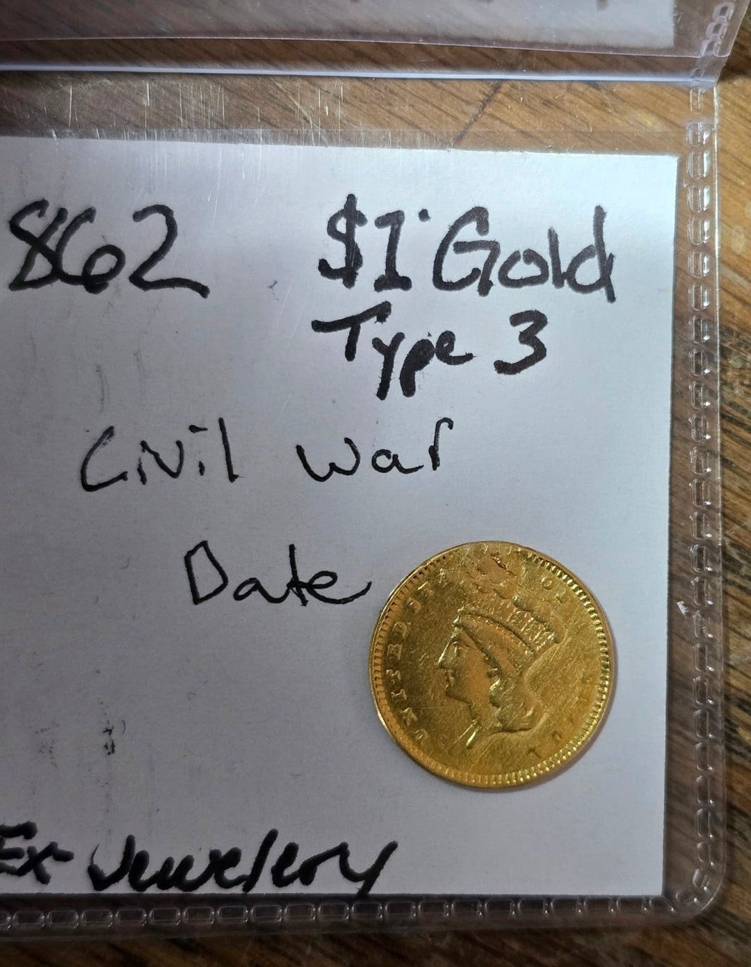 1862 $1 Indian Princess gold dollar type 3, EX Jewelry Details