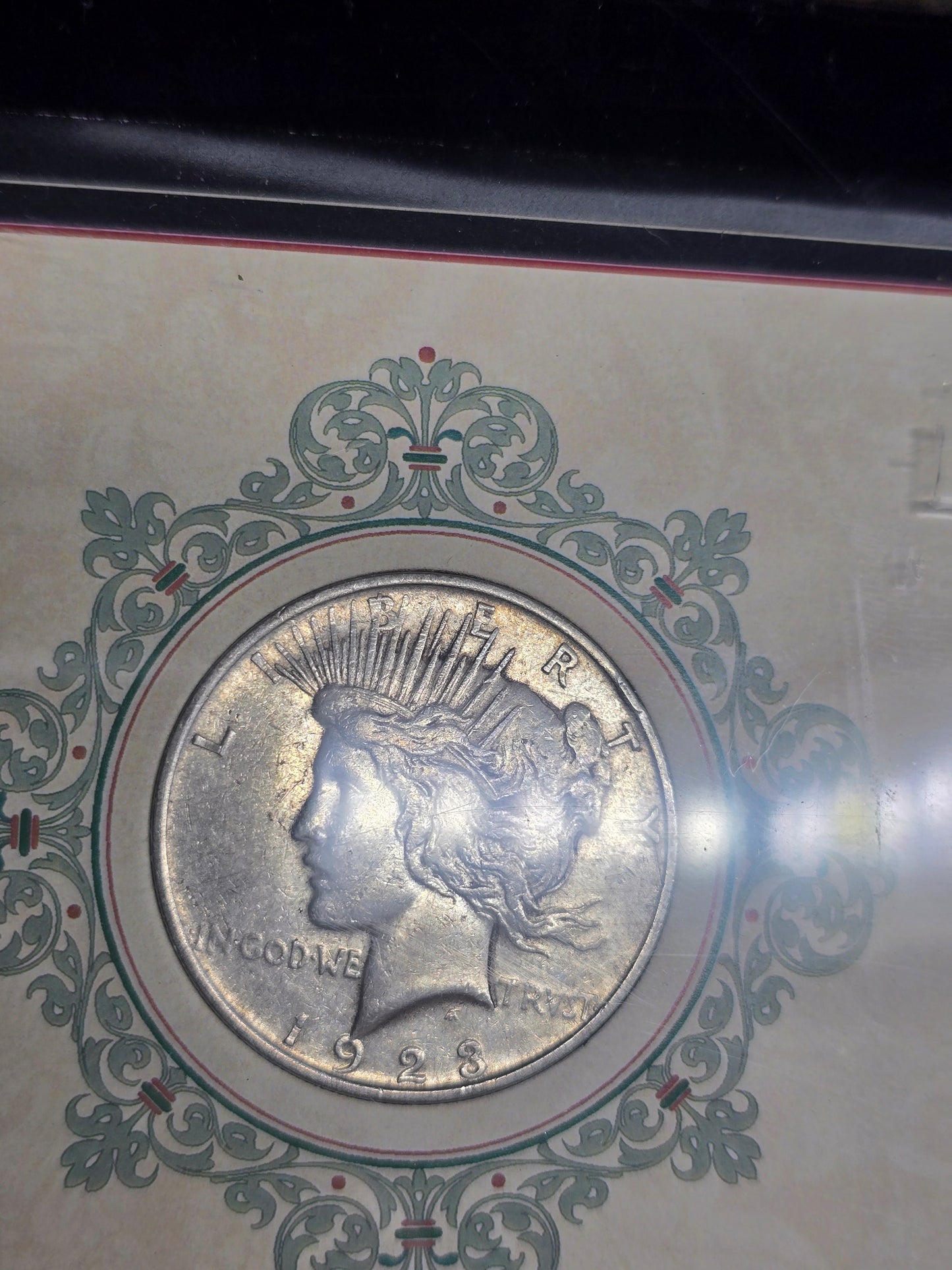 Hard Asset Collection 1923 Toned Peace Dollar and 1923 $1 Horse Blanket Framed