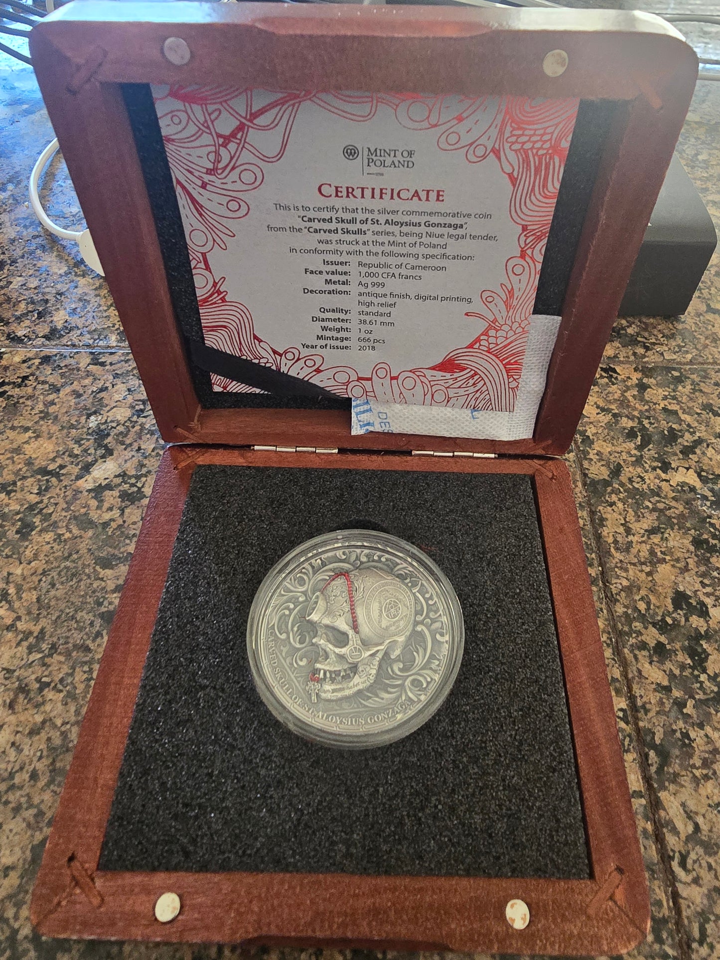 Poland Carved Skull of St. Aloysius Gonzaga 1oz Silver Coin OGP & CoA