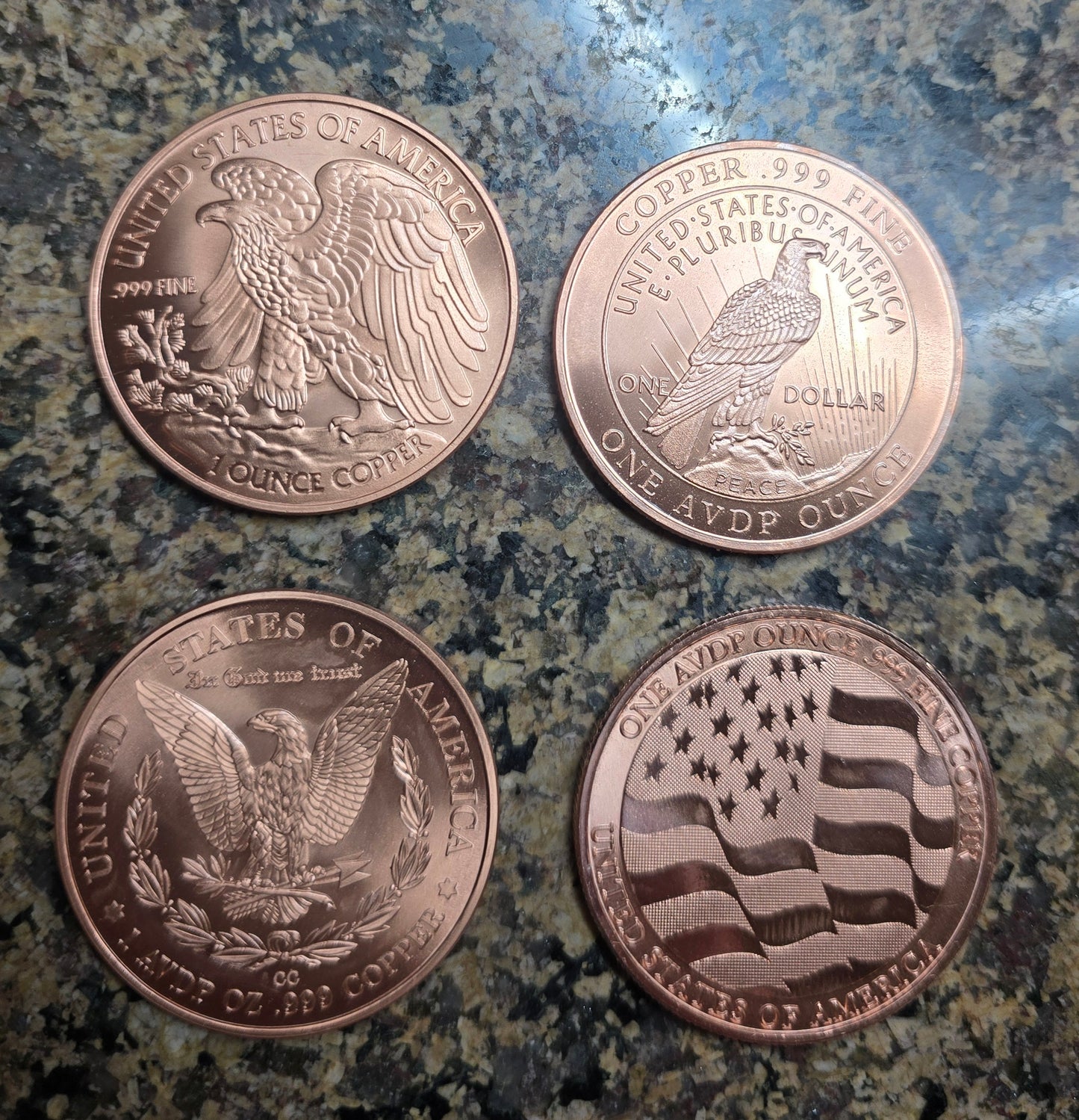 Lot of 4 copper rounds unique design, peace, Walking Liberty, morgan and eagle