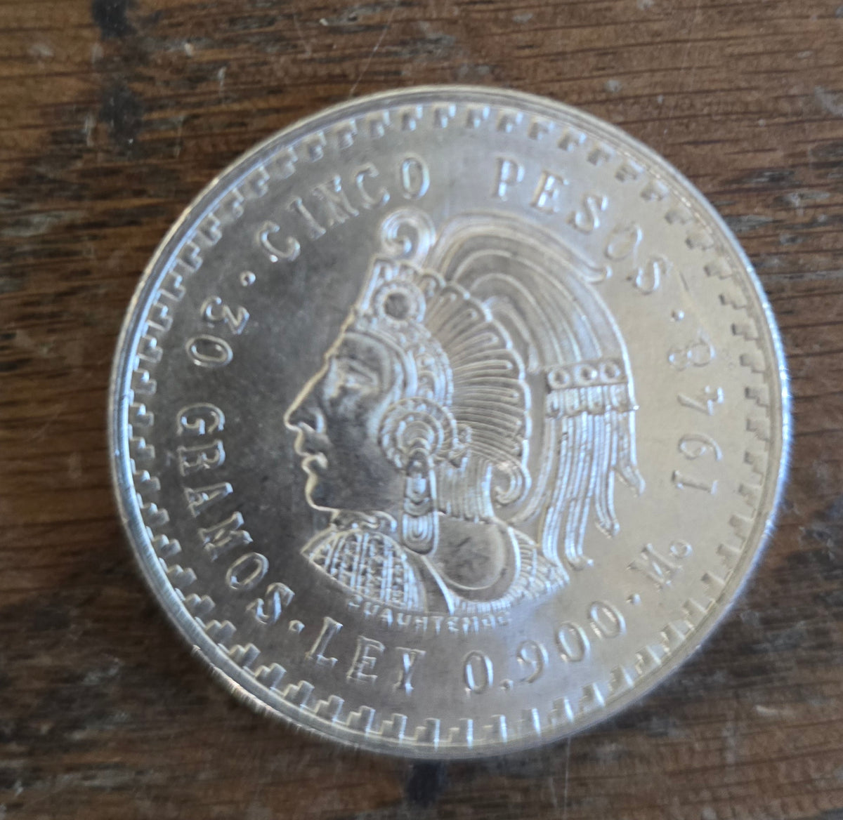 1948 Mexico Cinco Pesos Cuauhtemoc Silver Coin 0.900