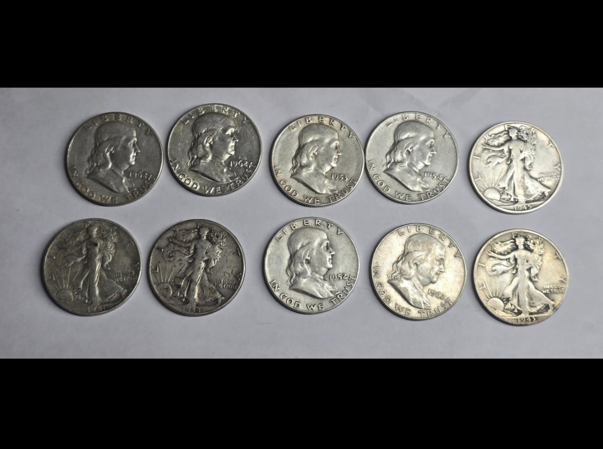 10 Silver Half Dollars 40s 50s 60s Mixed Dates 90% Silver $5 Walking