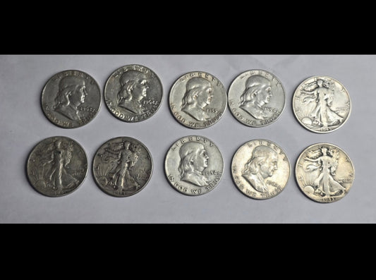 10 Silver Half Dollars 40s 50s 60s Mixed Dates 90% Silver $5 Walking