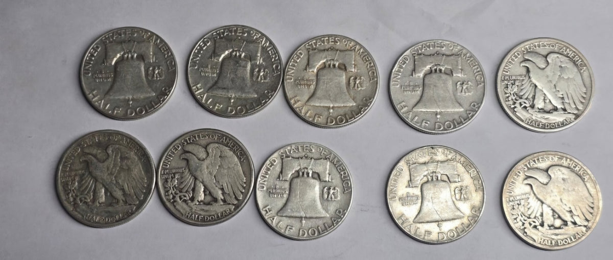 10 Silver Half Dollars 40s 50s 60s Mixed Dates 90% Silver $5 Walking