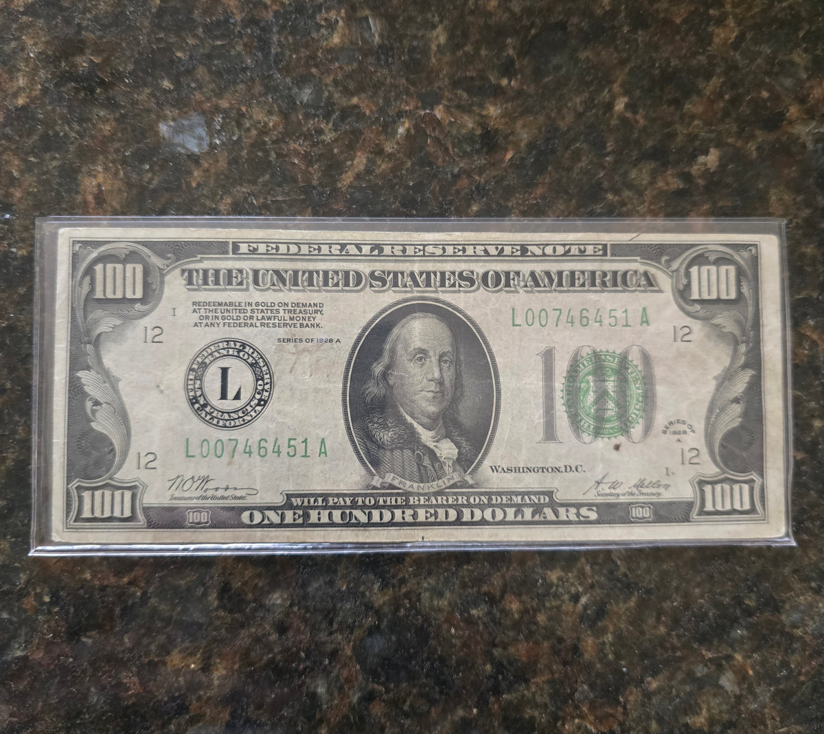 1928 A Federal Reserve Note $100 Bill San Francisco 007 serial