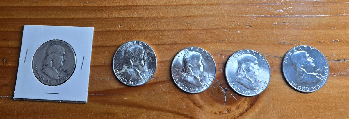 5 Franklin Silver Half Dollars $2.5 FV