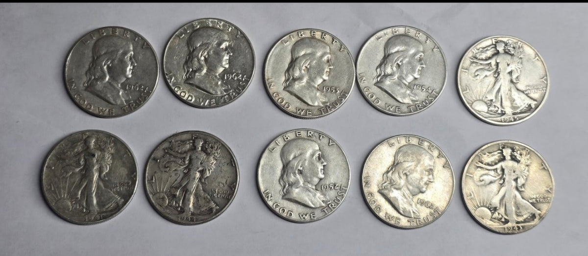 10 Silver Half Dollars 40s 50s 60s Mixed Dates 90% Silver $5 Walking