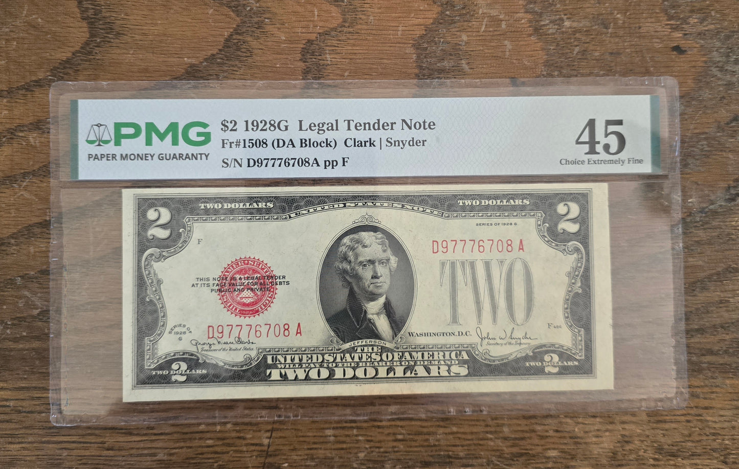 1928G $2 Legal Tender KEY DATE Red Seal 777 Serial PMG Very Fine EF 45 EPQ Angel