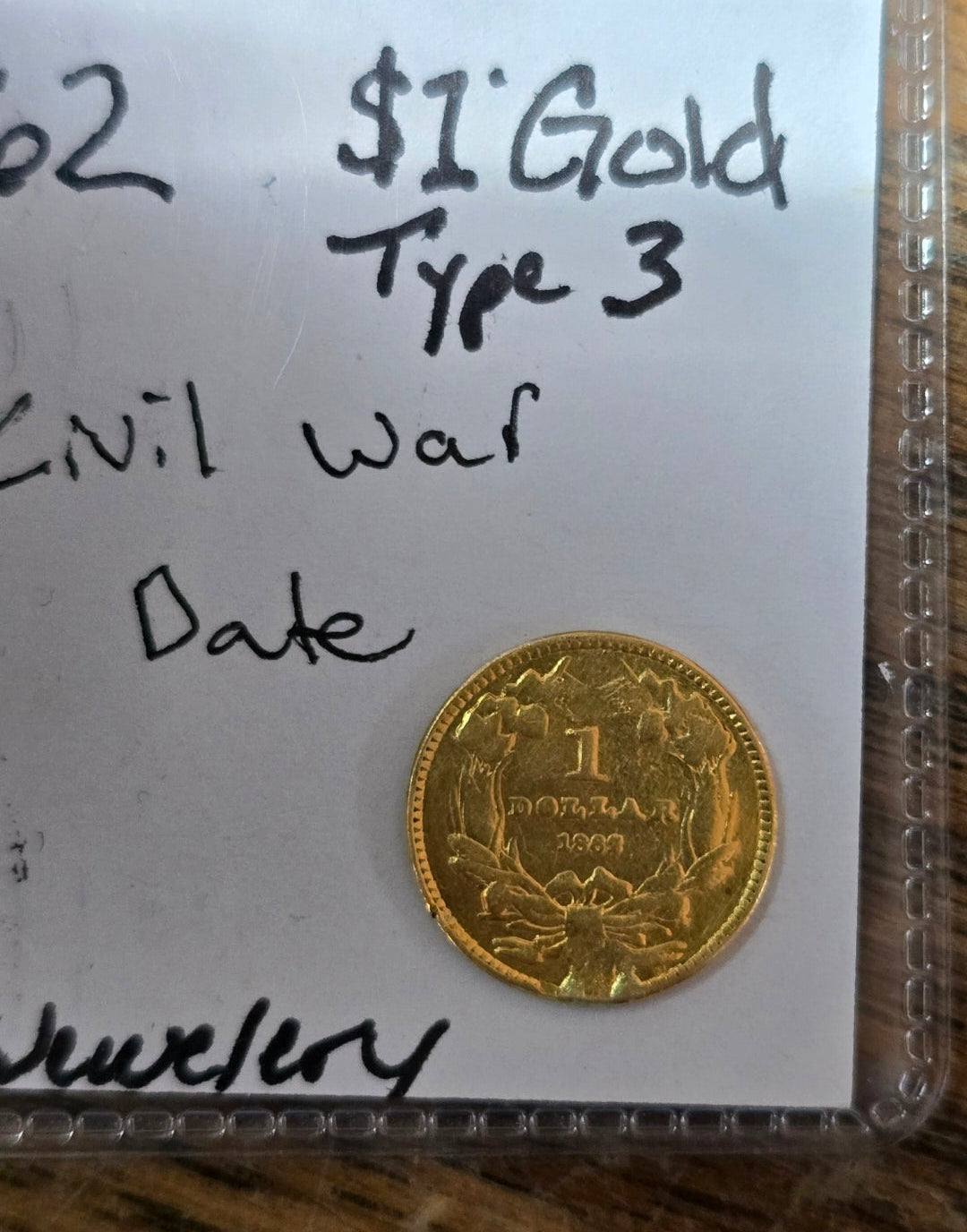 1862 $1 Indian Princess gold dollar type 3, EX Jewelry Details