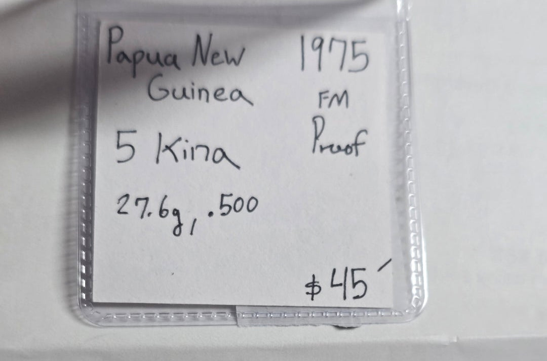 1975 Papua New Guinea 5 Five Kina Proof Silver Coin