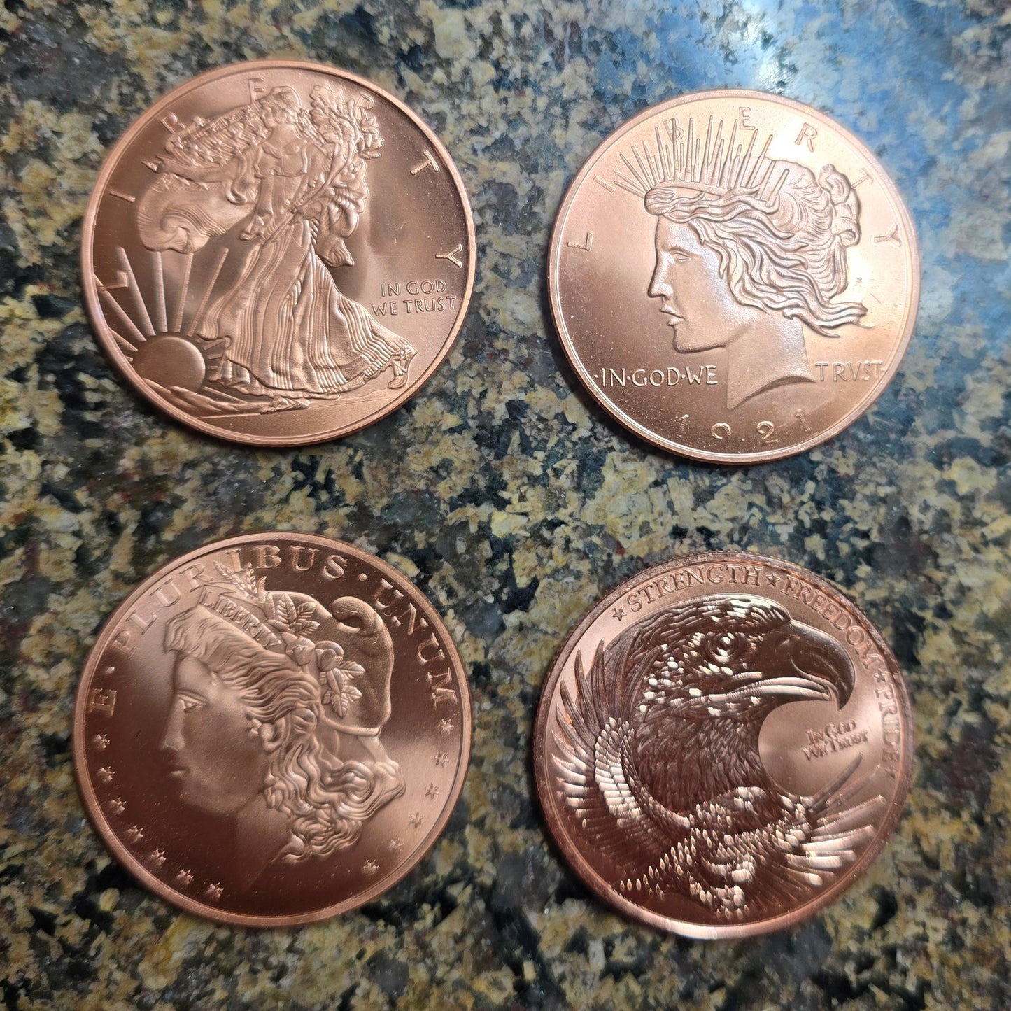 Lot of 4 copper rounds unique design, peace, Walking Liberty, morgan and eagle
