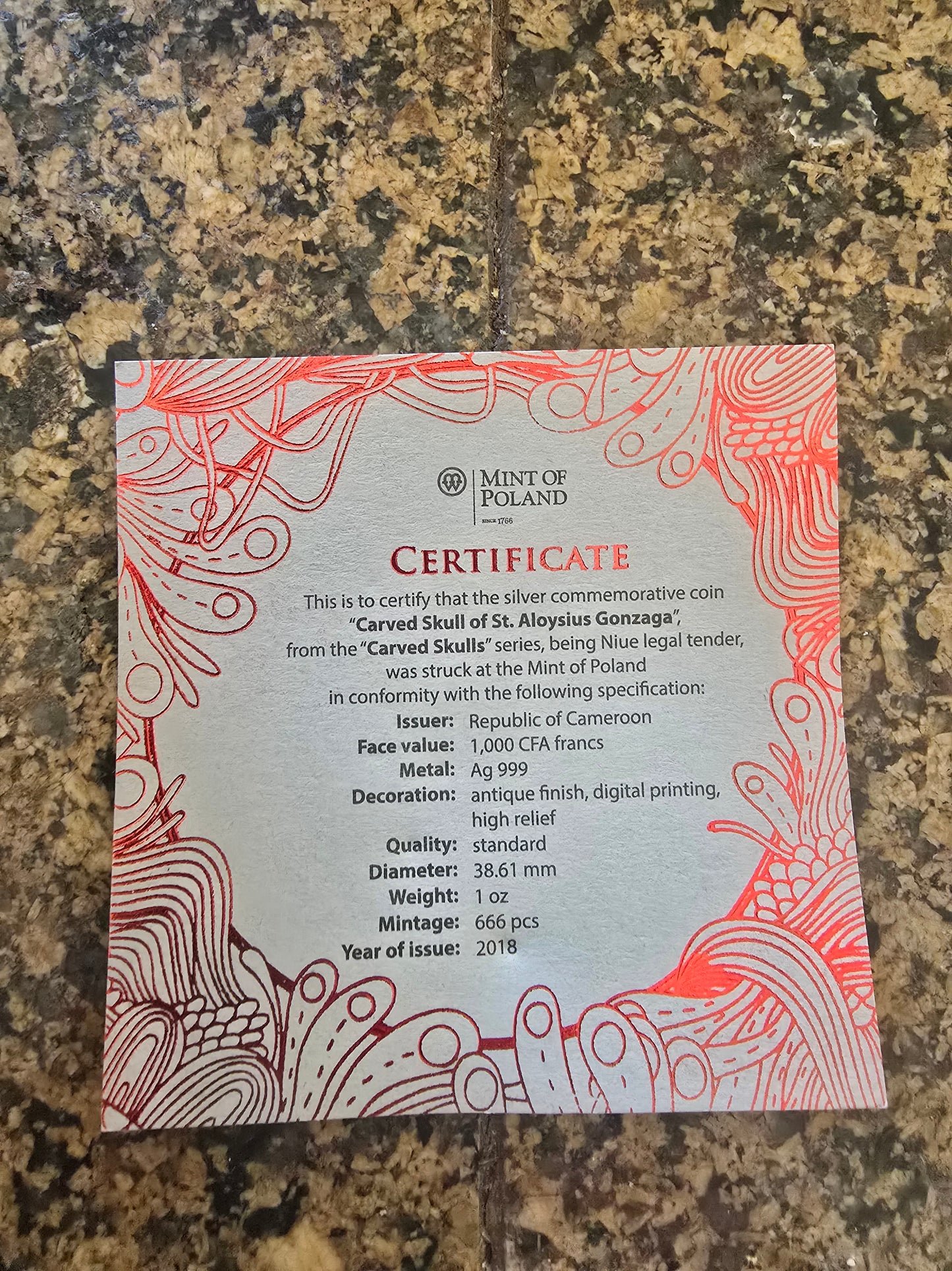 Poland Carved Skull of St. Aloysius Gonzaga 1oz Silver Coin OGP & CoA