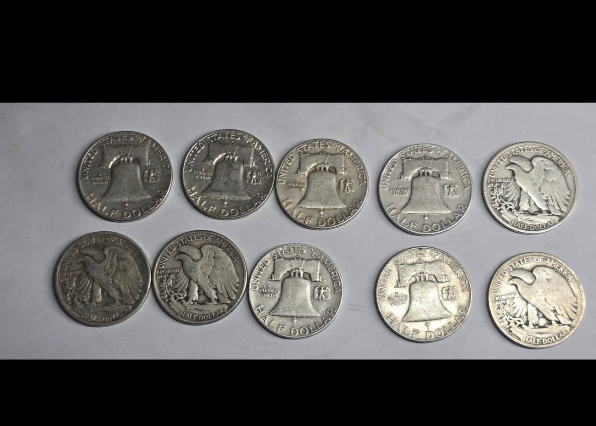 10 Silver Half Dollars 40s 50s 60s Mixed Dates 90% Silver $5 Walking