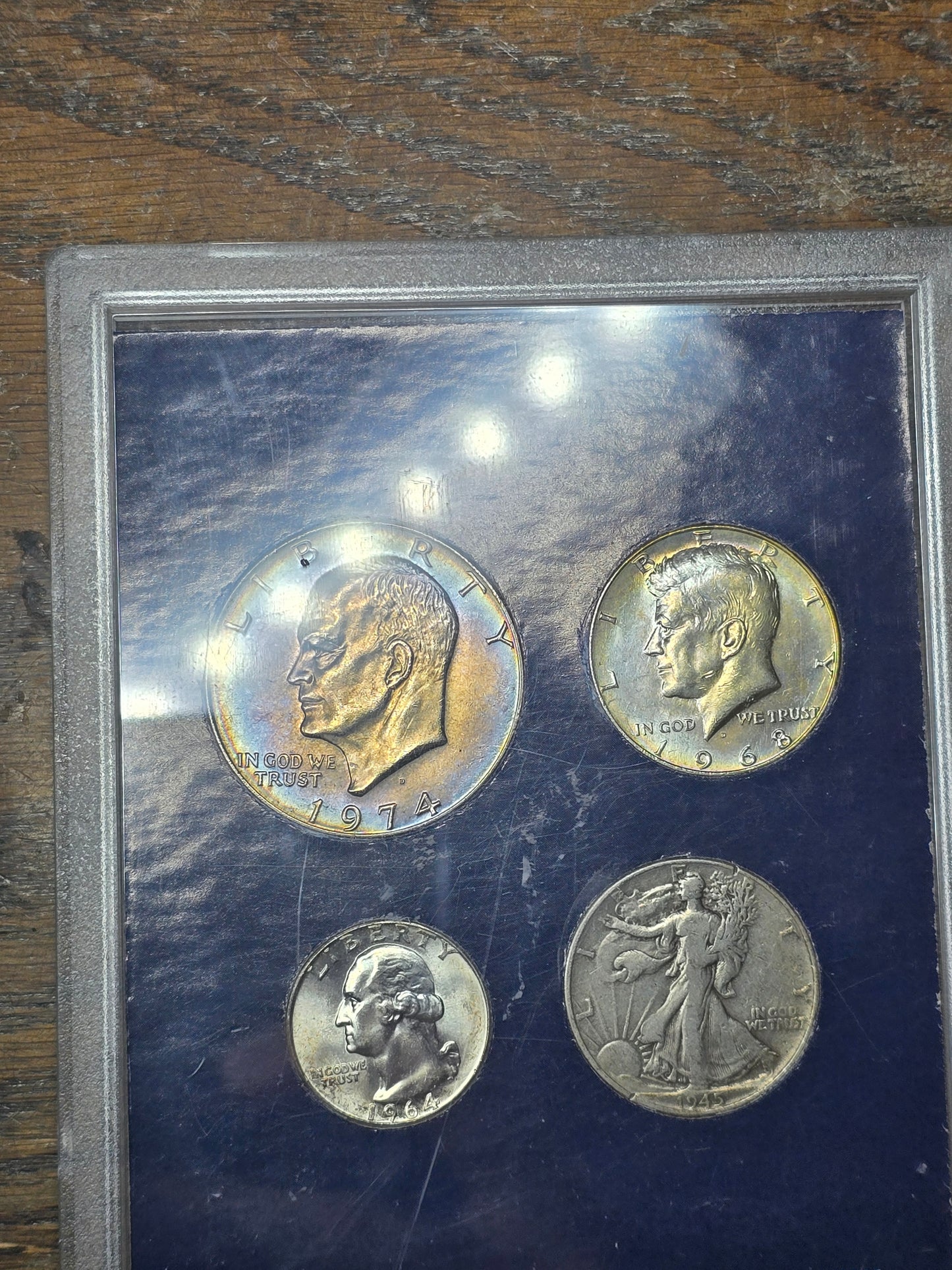 Silver Toned coins 1974 Ike 1968 Kennedy 1964 quarter 1945 Walking Liberty Half