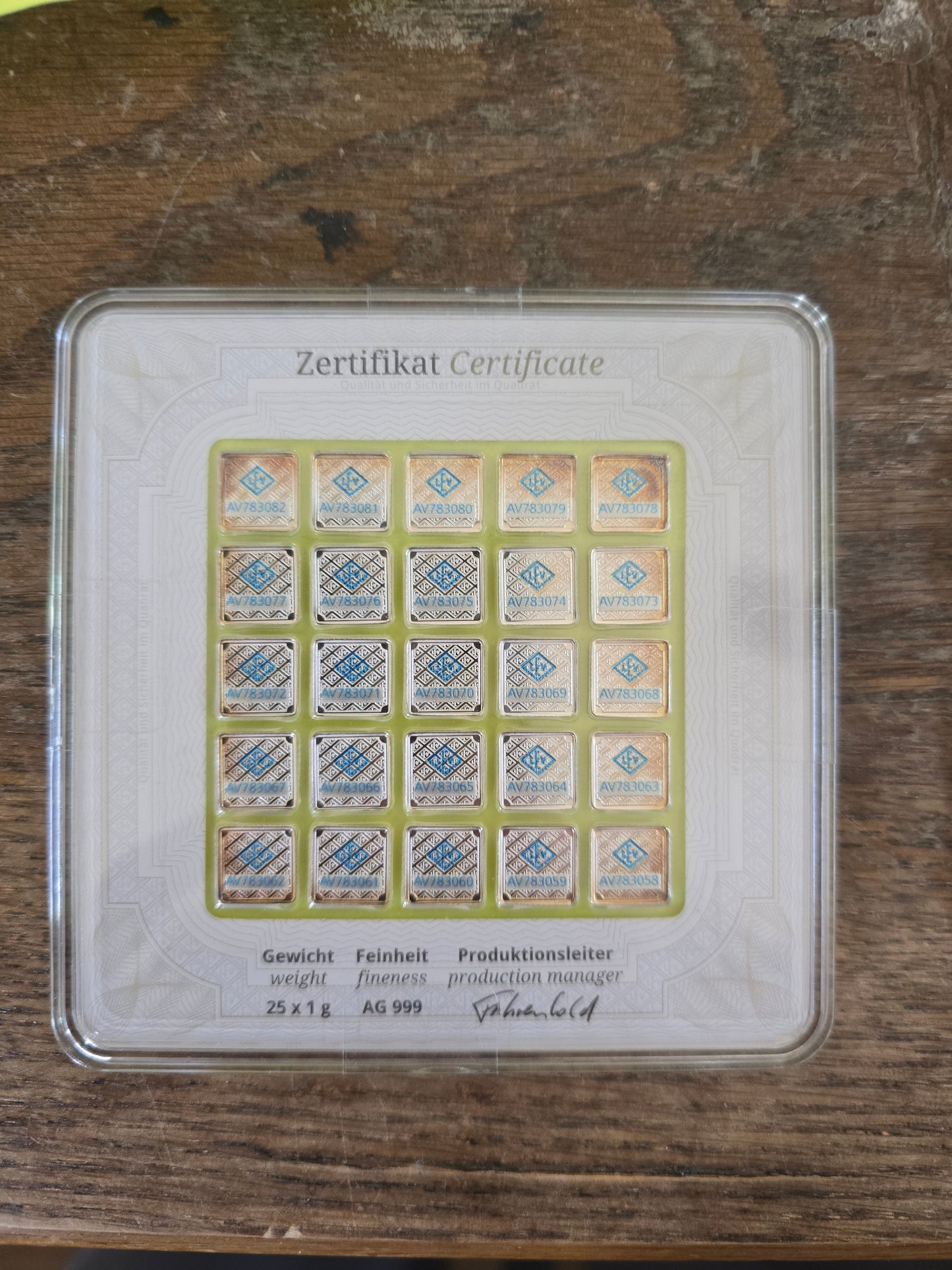 No Longer Made GEIGER Edelmetalle 25 gram (25 X 1g) .999 Silver Square in Assay #7