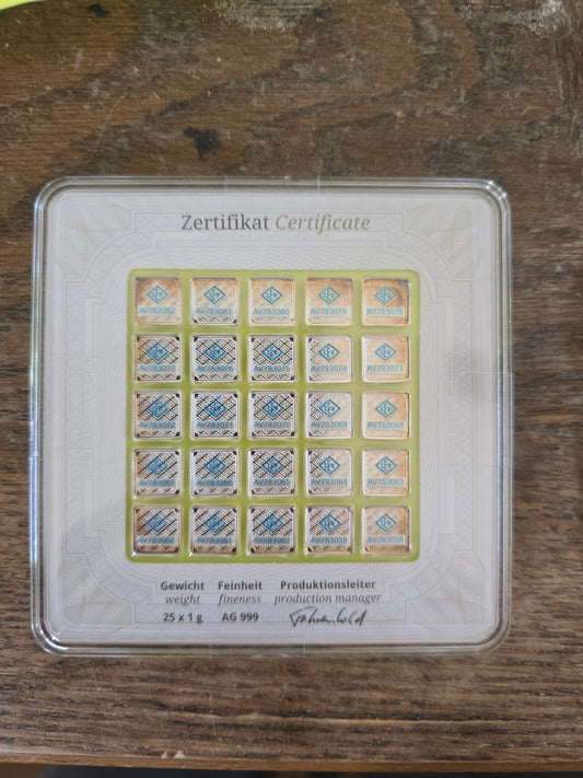 No Longer Made GEIGER Edelmetalle 25 gram (25 X 1g) .999 Silver Square in Assay #7