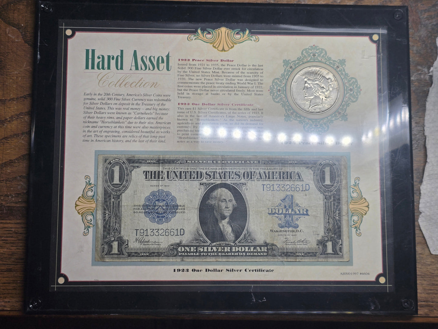 Hard Asset Collection 1923 Toned Peace Dollar and 1923 $1 Horse Blanket Framed