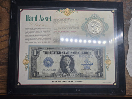 Hard Asset Collection 1923 Toned Peace Dollar and 1923 $1 Horse Blanket Framed