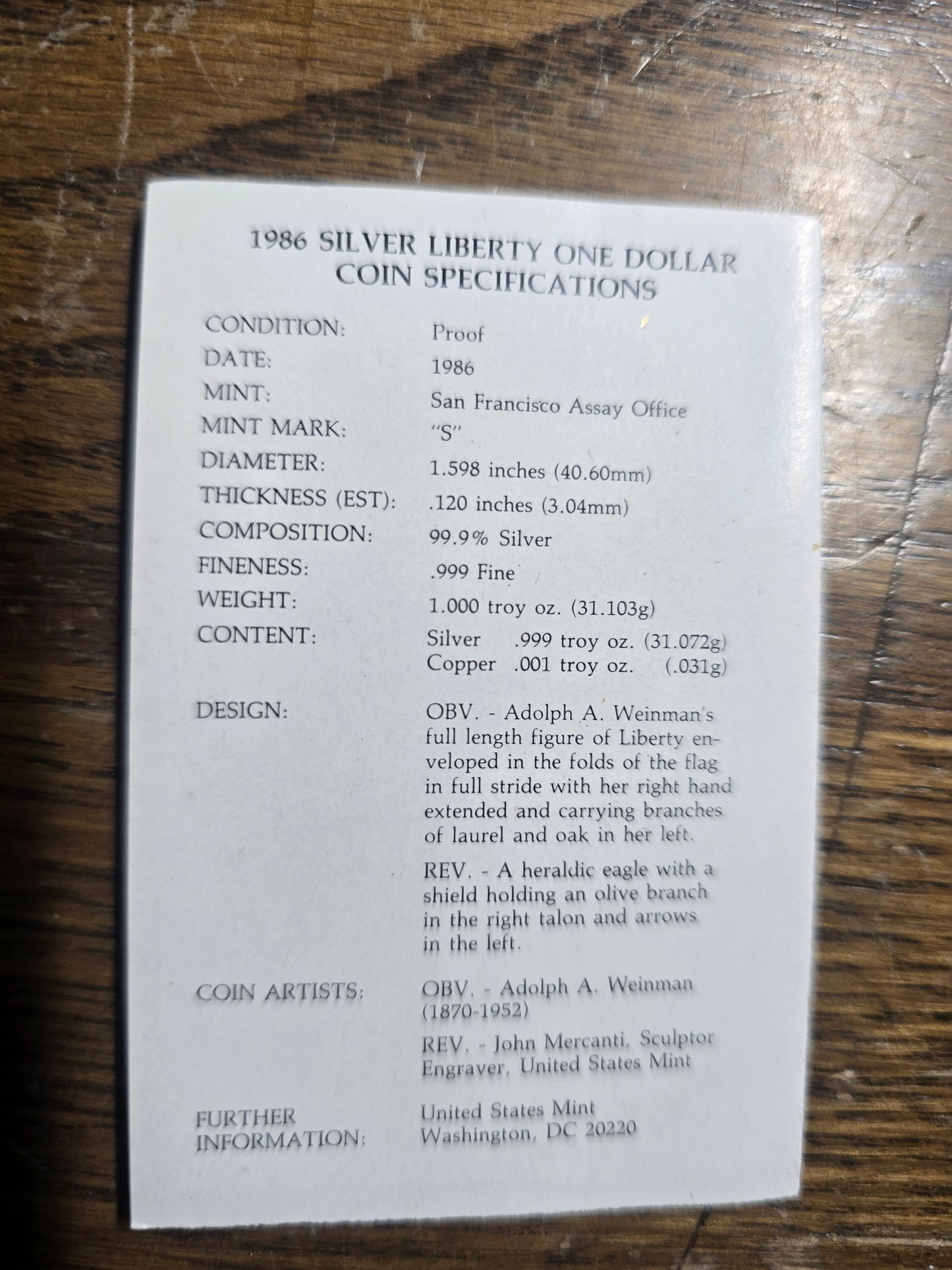1986-S American Silver Eagle Choice Proof Bullion $1 - in Box w/ COA