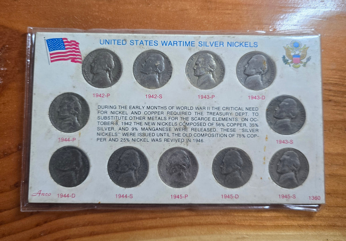 US WARTIME SILVER NICKELS SET COMPLETE ~~ 11 COINS in DISPLAY CARD