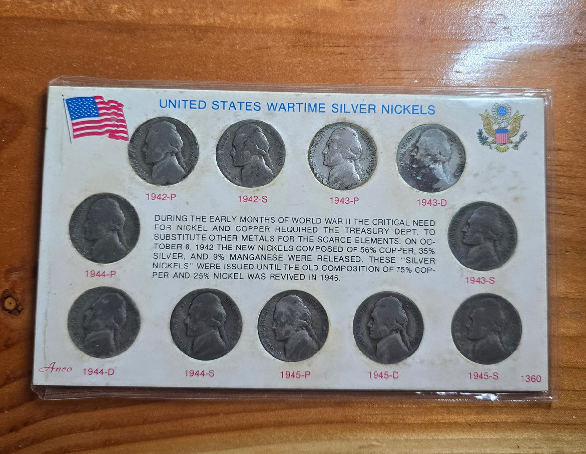 US WARTIME SILVER NICKELS SET COMPLETE ~~ 11 COINS in DISPLAY CARD