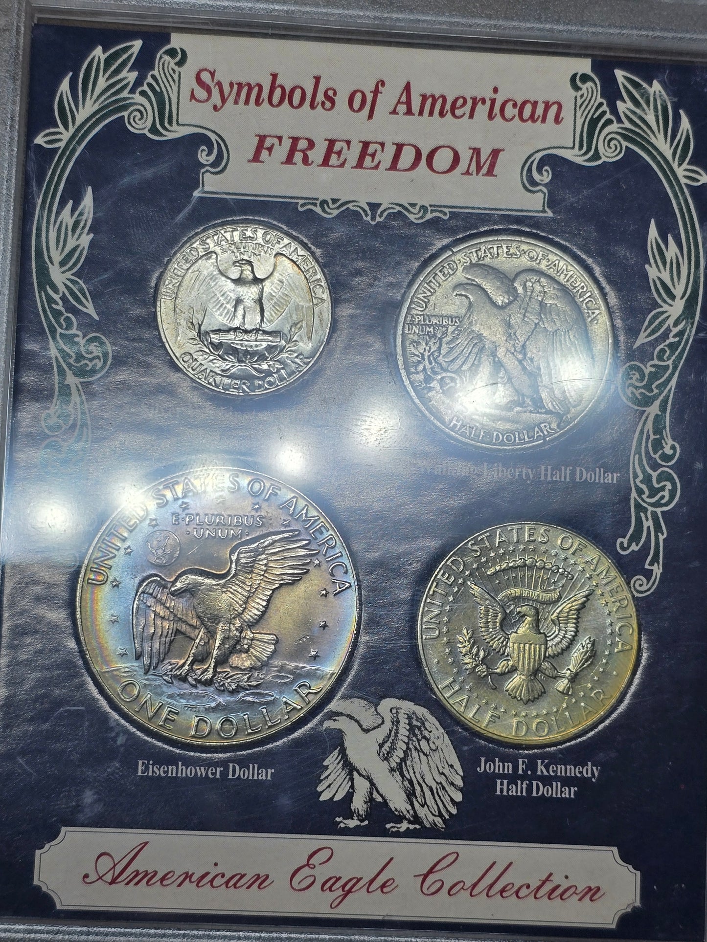 Silver Toned coins 1974 Ike 1968 Kennedy 1964 quarter 1945 Walking Liberty Half